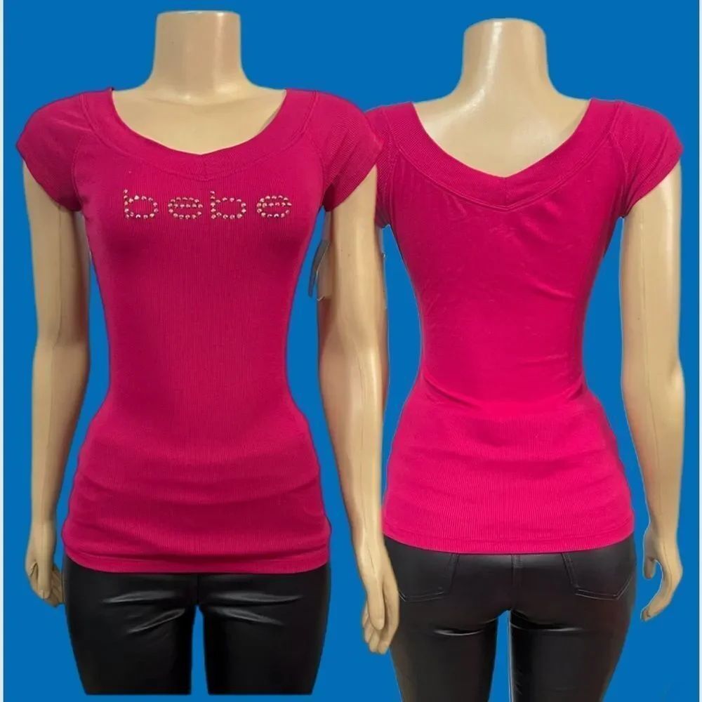 Bebe Double V neck Ribbed Rhinestone Embellished bebe logo top Pink Large